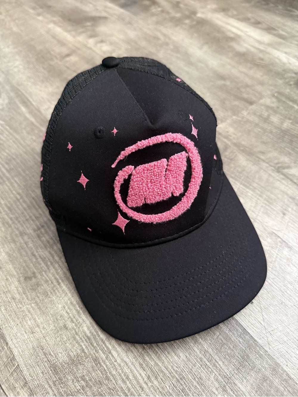 MARKET Black Trucker Hat with Pink Fluffy Embroidery